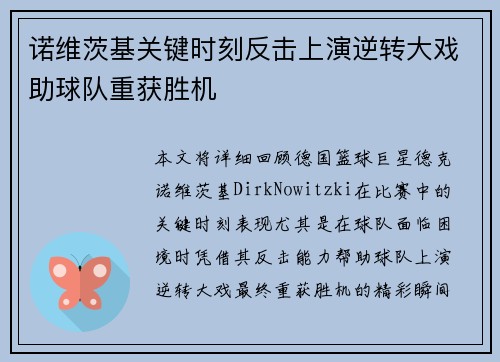 诺维茨基关键时刻反击上演逆转大戏助球队重获胜机