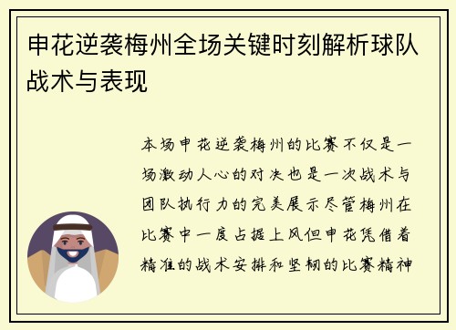 申花逆袭梅州全场关键时刻解析球队战术与表现